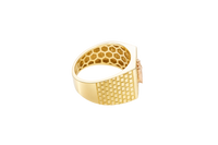 14KT Gold Ring Men's Square Two Tone St. Jude with White CZ Border and Brick Wall Print Band