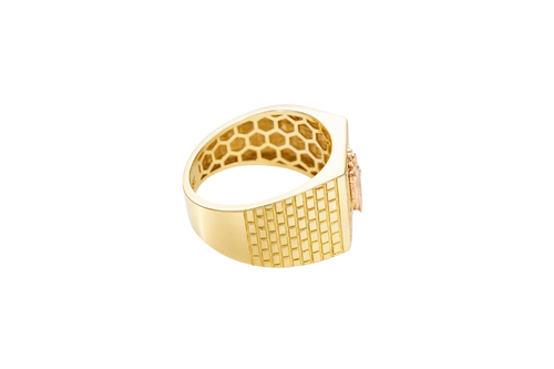 14KT Gold Ring Men's Square Two Tone St. Jude with White CZ Border and Brick Wall Print Band