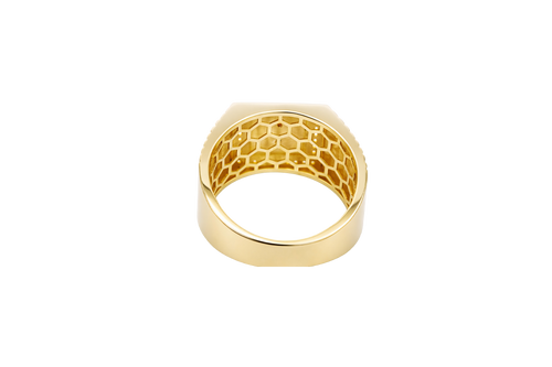 14KT Gold Ring Men's Square Two Tone St. Jude with White CZ Border and Brick Wall Print Band