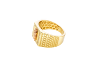 14KT Gold Ring Men's Square Two Tone St. Jude with White CZ Border and Brick Wall Print Band