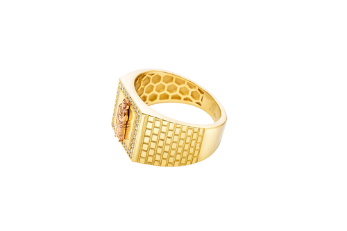 14KT Gold Ring Men's Square Two Tone St. Jude with White CZ Border and Brick Wall Print Band
