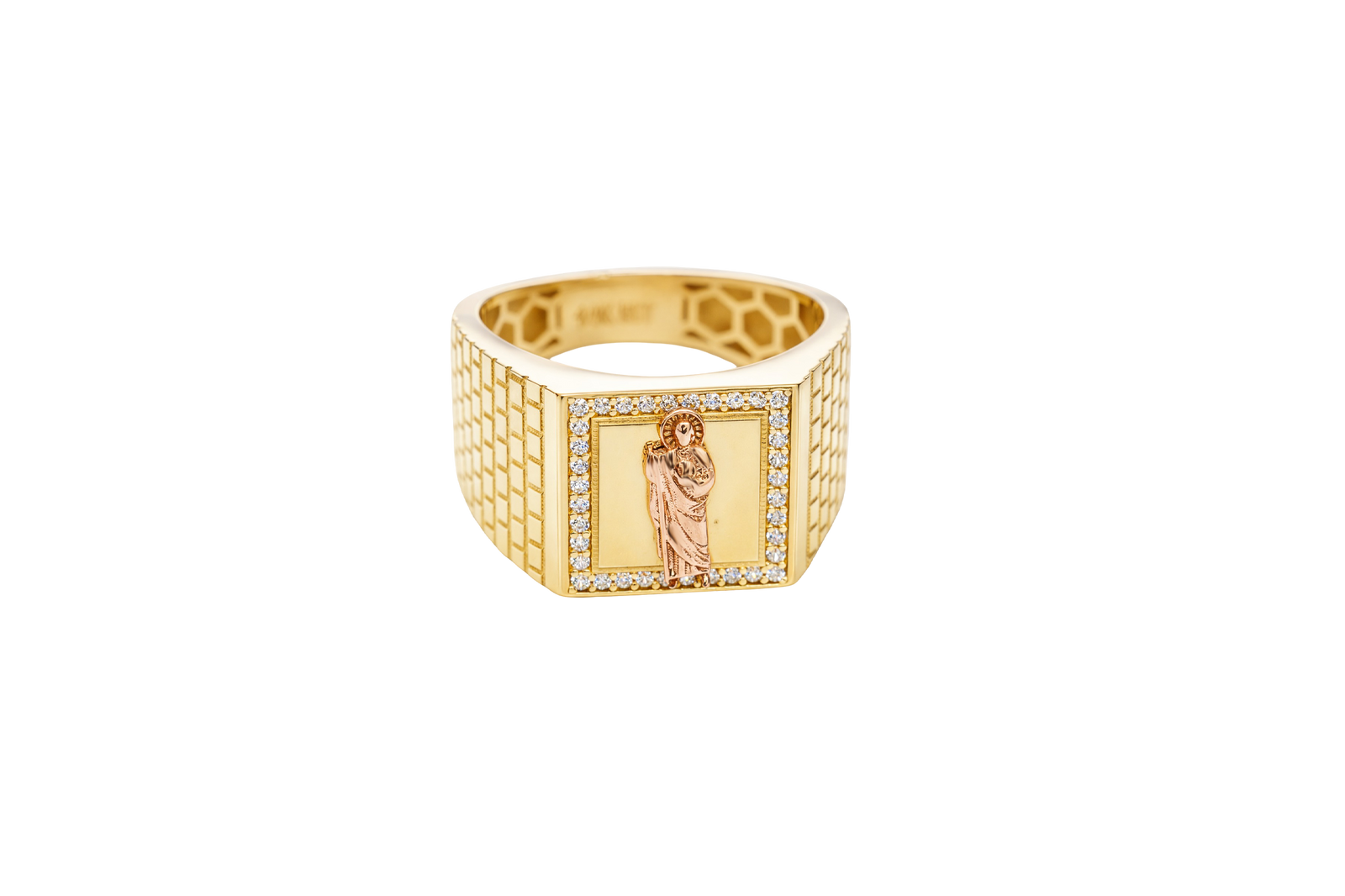 14KT Gold Ring Men's Square Two Tone St. Jude with White CZ Border and Brick Wall Print Band