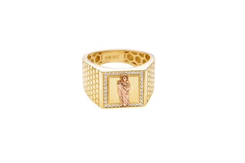 14KT Gold Ring Men's Square Two Tone St. Jude with White CZ Border and Brick Wall Print Band