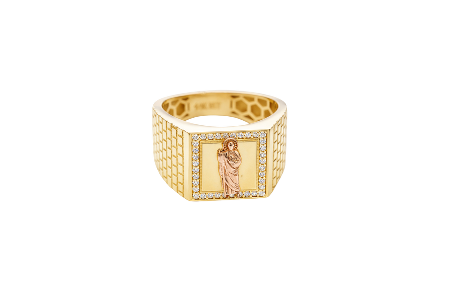 14KT Gold Ring Men's Square Two Tone St. Jude with White CZ Border and Brick Wall Print Band