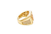 14KT Gold Ring Men's Square Two Tone St. Jude with Sunray Background White CZ Border and Five Rows of White CZ Stones on Each Side of the Ring