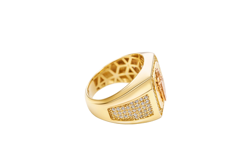 14KT Gold Ring Men's Square Two Tone St. Jude with Sunray Background White CZ Border and Five Rows of White CZ Stones on Each Side of the Ring