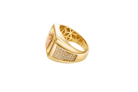 14KT Gold Ring Men's Square Two Tone St. Jude with Sunray Background White CZ Border and Five Rows of White CZ Stones on Each Side of the Ring