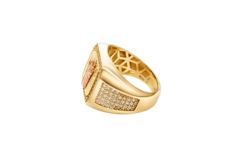 14KT Gold Ring Men's Square Two Tone St. Jude with Sunray Background White CZ Border and Five Rows of White CZ Stones on Each Side of the Ring