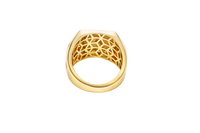 14KT Gold Ring Men's Square Two Tone St. Jude with Sunray Background White CZ Border and Five Rows of White CZ Stones on Each Side of the Ring