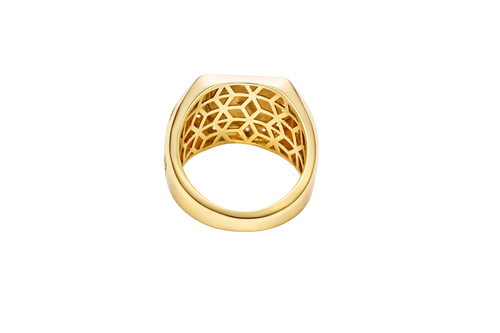 14KT Gold Ring Men's Square Two Tone St. Jude with Sunray Background White CZ Border and Five Rows of White CZ Stones on Each Side of the Ring
