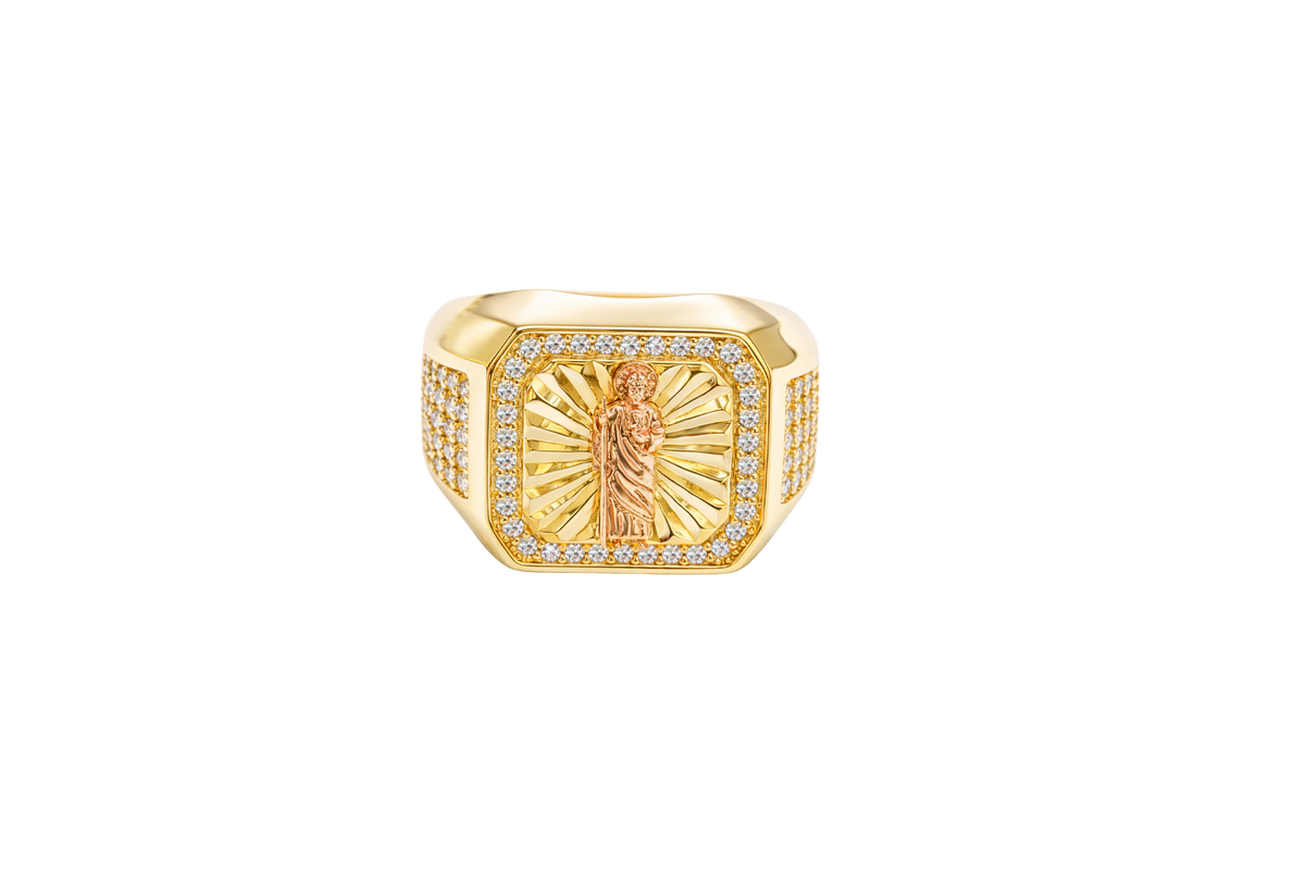 14KT Gold Ring Men's Square Two Tone St. Jude with Sunray Background White CZ Border and Five Rows of White CZ Stones on Each Side of the Ring