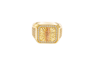 14KT Gold Ring Men's Square Two Tone St. Jude with Sunray Background White CZ Border and Five Rows of White CZ Stones on Each Side of the Ring