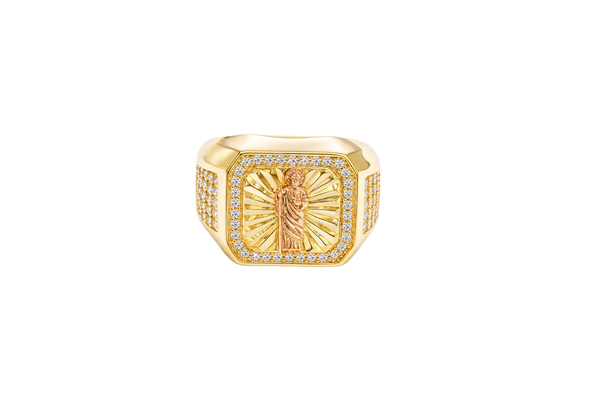 14KT Gold Ring Men's Square Two Tone St. Jude with Sunray Background White CZ Border and Five Rows of White CZ Stones on Each Side of the Ring