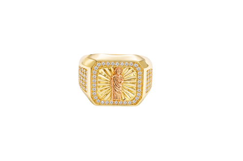 14KT Gold Ring Men's Square Two Tone St. Jude with Sunray Background White CZ Border and Five Rows of White CZ Stones on Each Side of the Ring
