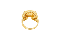 14KT Gold Ring Men's Horseshoe Shape Two Tone St. Muerte Coin Cener with Baguette Horseshoe Border and Seven Pave White CZ Stone Rows on Sides
