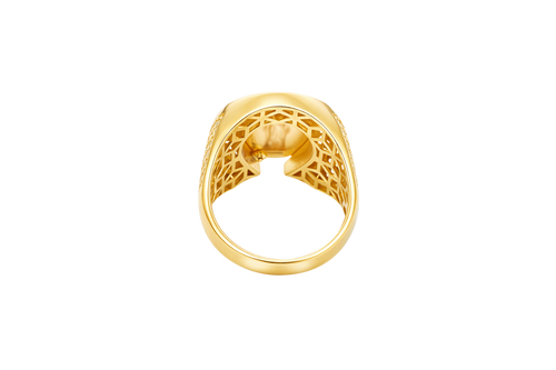 14KT Gold Ring Men's Horseshoe Shape Two Tone St. Muerte Coin Cener with Baguette Horseshoe Border and Seven Pave White CZ Stone Rows on Sides
