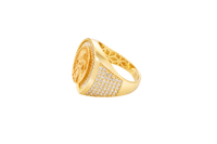 14KT Gold Ring Men's Horseshoe Shape Two Tone St. Muerte Coin Cener with Baguette Horseshoe Border and Seven Pave White CZ Stone Rows on Sides