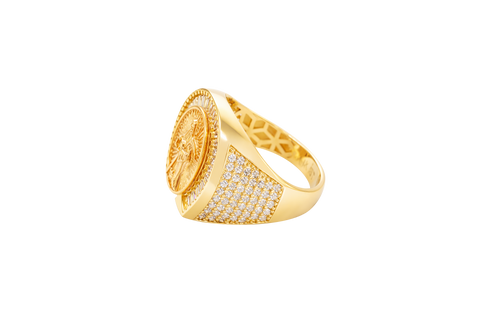 14KT Gold Ring Men's Horseshoe Shape Two Tone St. Muerte Coin Cener with Baguette Horseshoe Border and Seven Pave White CZ Stone Rows on Sides