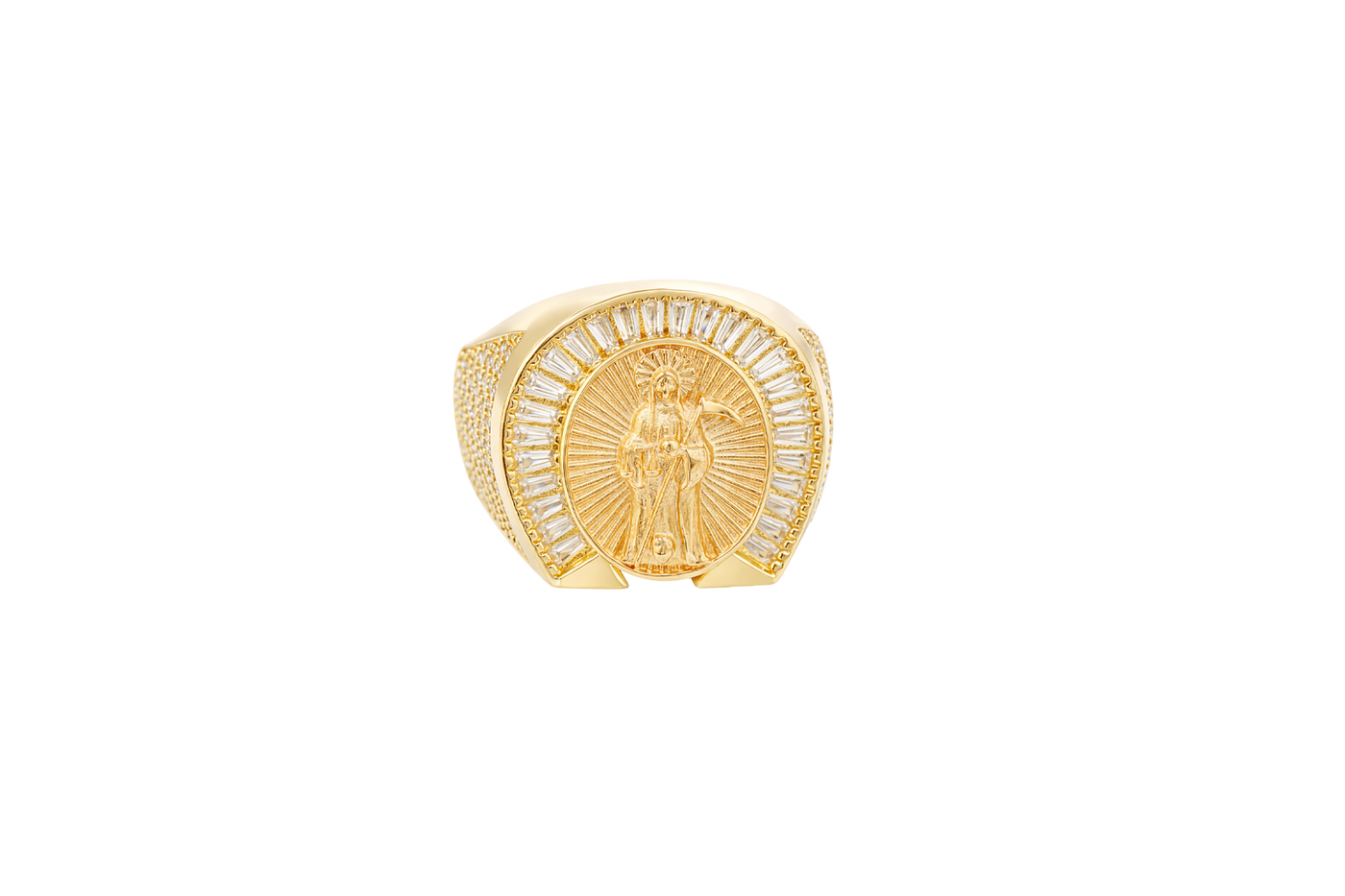 14KT Gold Ring Men's Horseshoe Shape Two Tone St. Muerte Coin Cener with Baguette Horseshoe Border and Seven Pave White CZ Stone Rows on Sides