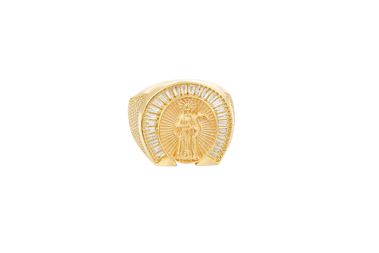 14KT Gold Ring Men's Horseshoe Shape Two Tone St. Muerte Coin Cener with Baguette Horseshoe Border and Seven Pave White CZ Stone Rows on Sides