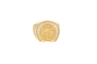 14KT Gold Ring Men's Horseshoe Shape Two Tone St. Muerte Coin Cener with Baguette Horseshoe Border and Seven Pave White CZ Stone Rows on Sides