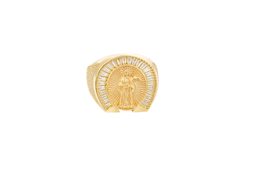 14KT Gold Ring Men's Horseshoe Shape Two Tone St. Muerte Coin Cener with Baguette Horseshoe Border and Seven Pave White CZ Stone Rows on Sides
