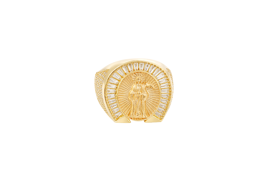 14KT Gold Ring Men's Horseshoe Shape Two Tone St. Muerte Coin Cener with Baguette Horseshoe Border and Seven Pave White CZ Stone Rows on Sides