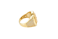 14KT Gold Ring Men's Horseshoe Shape Two Tone St. Muerte Coin Cener with Baguette Horseshoe Border and Seven Pave White CZ Stone Rows on Sides
