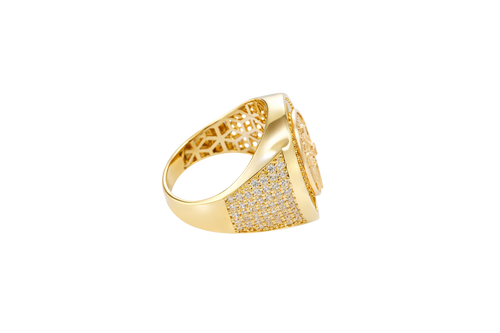 14KT Gold Ring Men's Horseshoe Shape Two Tone St. Muerte Coin Cener with Baguette Horseshoe Border and Seven Pave White CZ Stone Rows on Sides