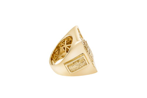 14KT Gold Ring Men's Two Tone Rectangle Raised St. Jude Greek Border Band Design St. Jude Portrait Plain Border