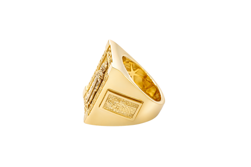 14KT Gold Ring Men's Two Tone Rectangle Raised St. Jude Greek Border Band Design St. Jude Portrait Plain Border