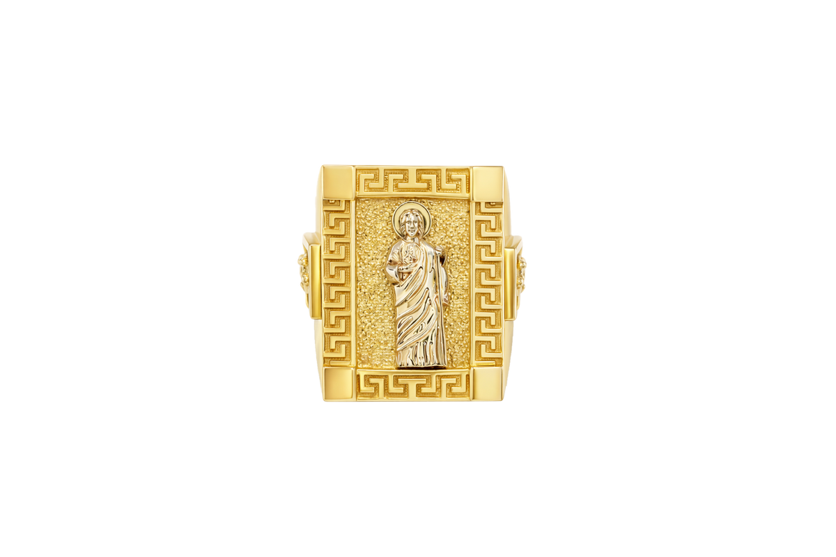 14KT Gold Ring Men's Two Tone Rectangle Raised St. Jude Greek Border Band Design St. Jude Portrait Plain Border