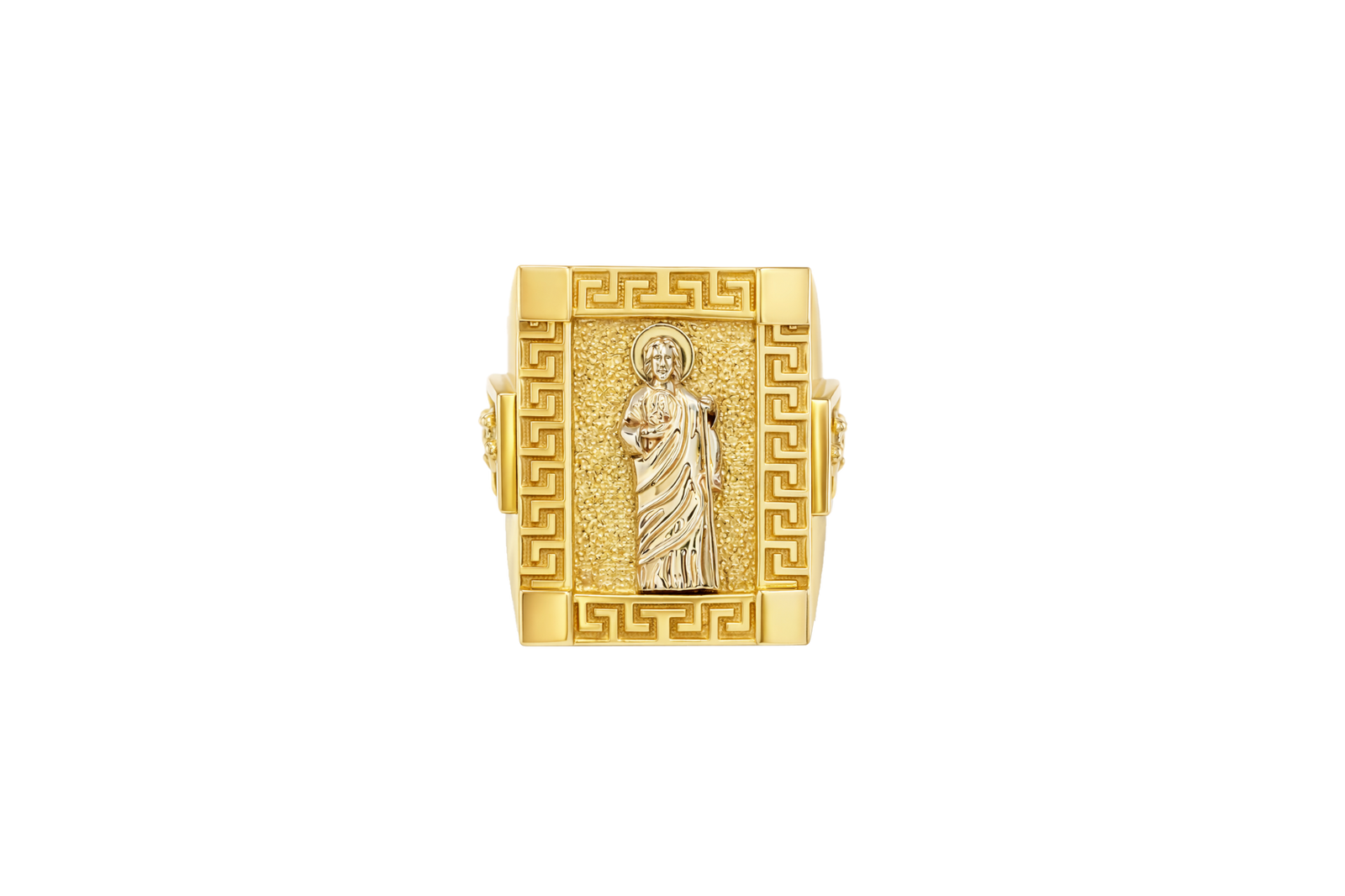 14KT Gold Ring Men's Two Tone Rectangle Raised St. Jude Greek Border Band Design St. Jude Portrait Plain Border
