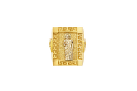 14KT Gold Ring Men's Two Tone Rectangle Raised St. Jude Greek Border Band Design St. Jude Portrait Plain Border