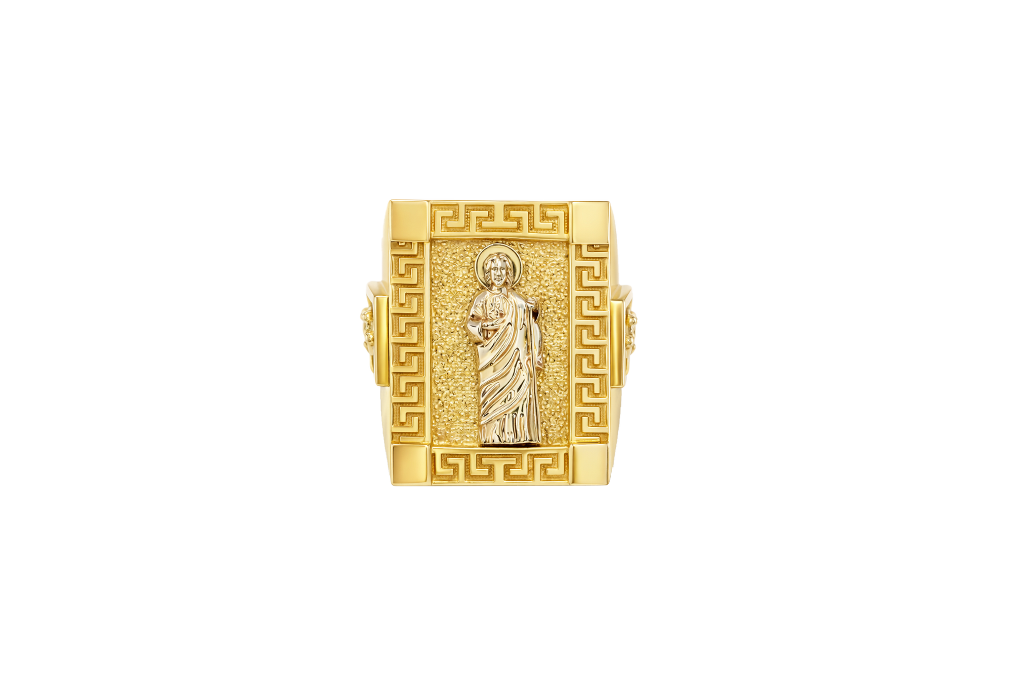 14KT Gold Ring Men's Two Tone Rectangle Raised St. Jude Greek Border Band Design St. Jude Portrait Plain Border