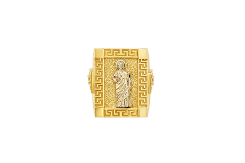14KT Gold Ring Men's Two Tone Rectangle Raised St. Jude Greek Border Band Design St. Jude Portrait Plain Border