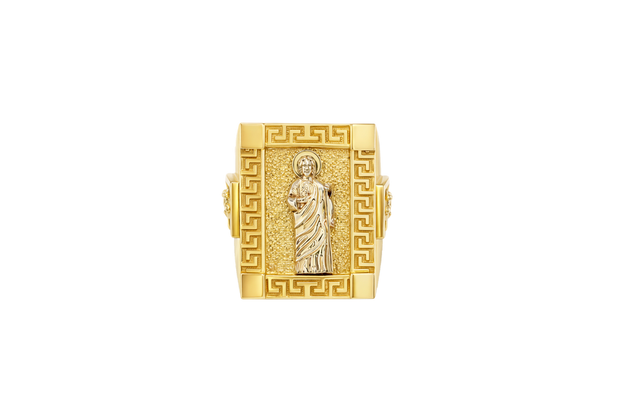14KT Gold Ring Men's Two Tone Rectangle Raised St. Jude Greek Border Band Design St. Jude Portrait Plain Border