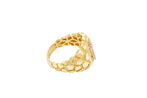 14KT Gold Ring Men's Round Raised St. Jude Center with White CZ Baguette Stones Background Plain Border Side Design Nugget