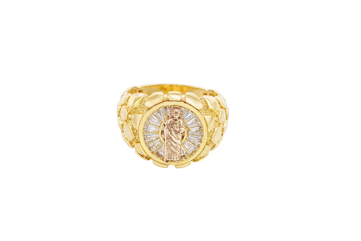 14KT Gold Ring Men's Round Raised St. Jude Center with White CZ Baguette Stones Background Plain Border Side Design Nugget