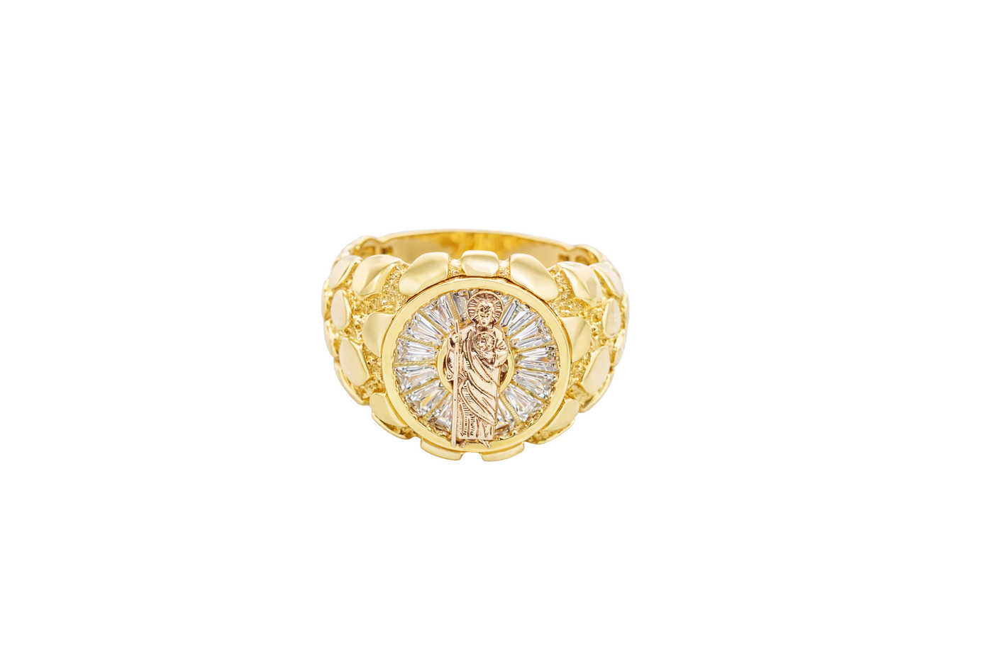 14KT Gold Ring Men's Round Raised St. Jude Center with White CZ Baguette Stones Background Plain Border Side Design Nugget