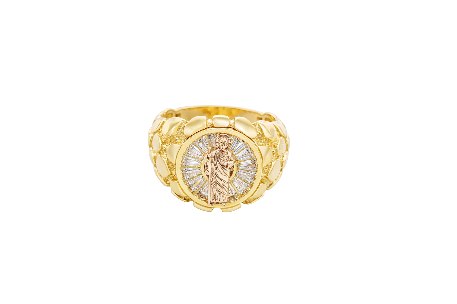 14KT Gold Ring Men's Round Raised St. Jude Center with White CZ Baguette Stones Background Plain Border Side Design Nugget