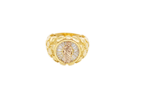 14KT Gold Ring Men's Round Raised St. Jude Center with White CZ Baguette Stones Background Plain Border Side Design Nugget