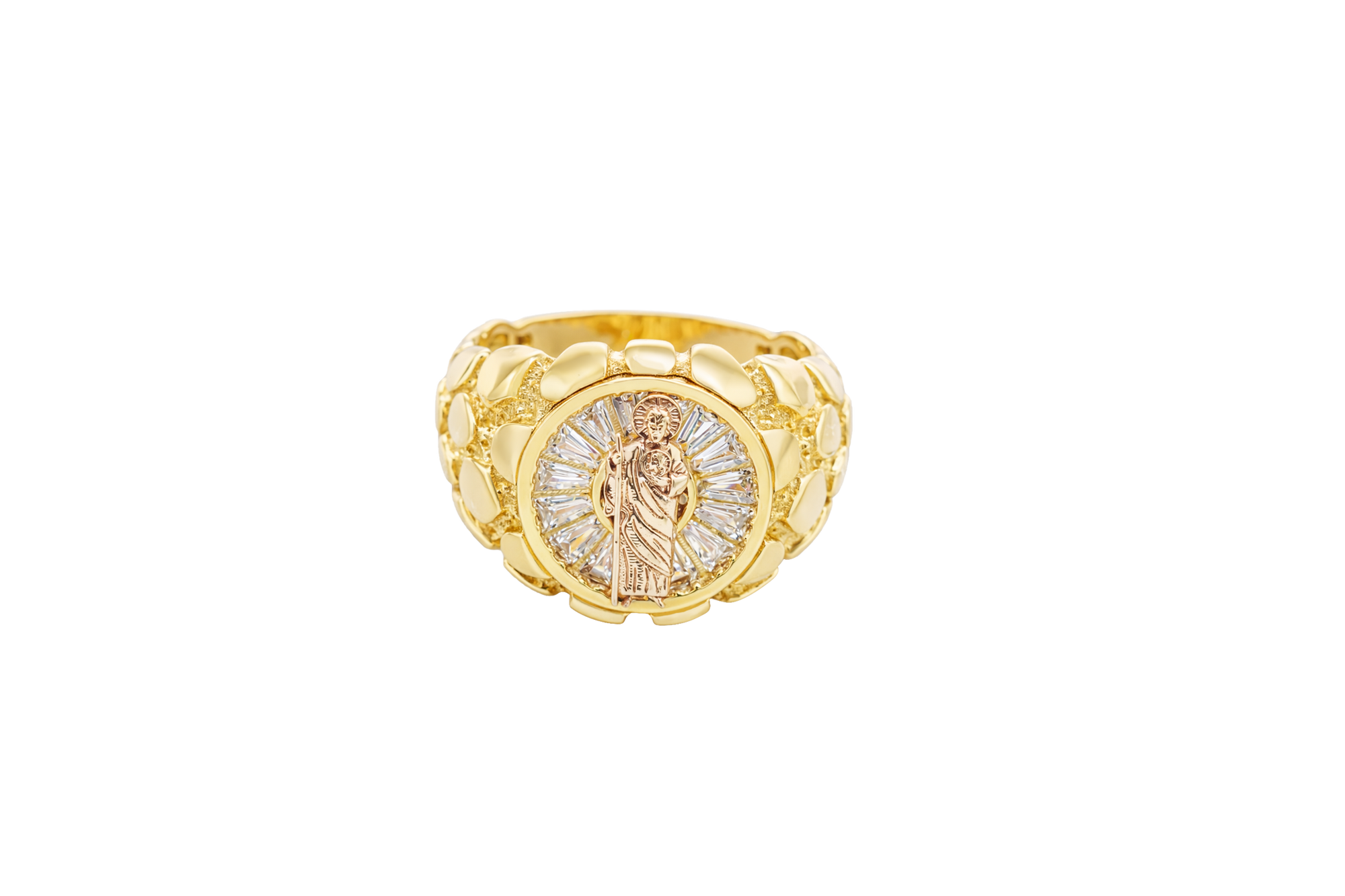 14KT Gold Ring Men's Round Raised St. Jude Center with White CZ Baguette Stones Background Plain Border Side Design Nugget