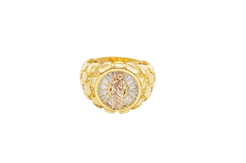 14KT Gold Ring Men's Round Raised St. Jude Center with White CZ Baguette Stones Background Plain Border Side Design Nugget