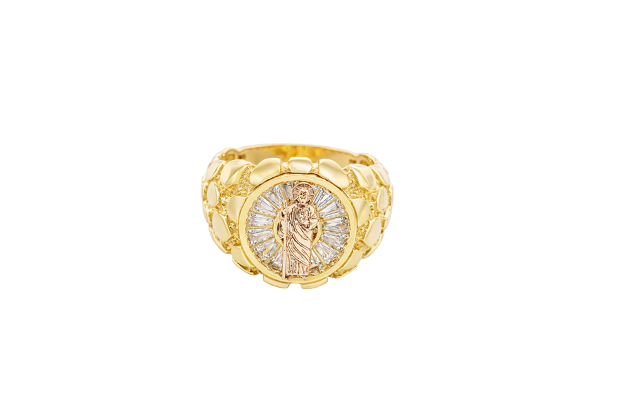 14KT Gold Ring Men's Round Raised St. Jude Center with White CZ Baguette Stones Background Plain Border Side Design Nugget
