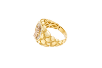 14KT Gold Ring Men's Round Raised St. Jude Center with White CZ Baguette Stones Background Plain Border Side Design Nugget