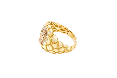 14KT Gold Ring Men's Round Raised St. Jude Center with White CZ Baguette Stones Background Plain Border Side Design Nugget
