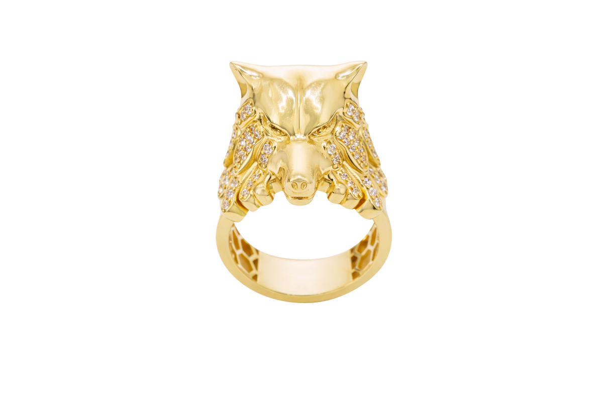 14KT Gold Ring Men's Mini Wolf Ring with White CZ Stones Fur