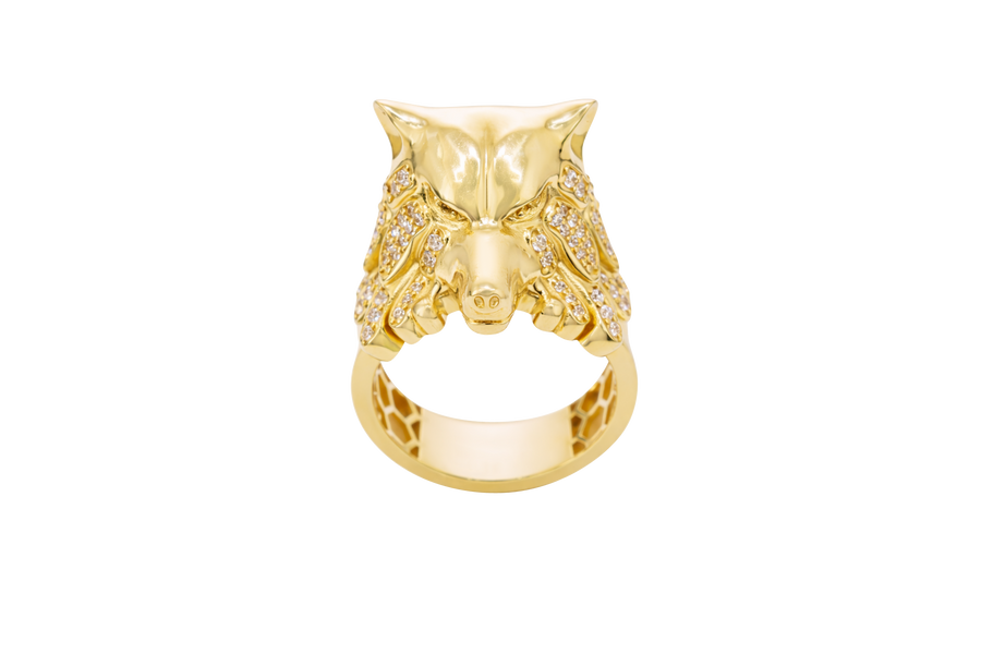 14KT Gold Ring Men's Mini Wolf Ring with White CZ Stones Fur