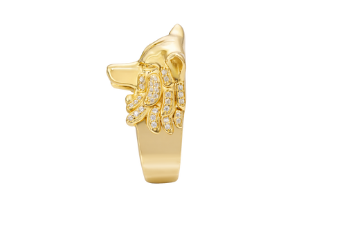 14KT Gold Ring Men's Mini Wolf Ring with White CZ Stones Fur
